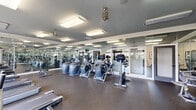Located at 3535 E Tenth St in Greenville, NC, this fitness center is a single-floor facility designed to support a comprehensive workout experience. The space is outfitted with a robust selection of Cybex-brand equipment, including treadmills, ellipticals, stationary bikes, stair climbers, and cable strength machines, providing options for both cardiovascular training and resistance work. Durable rubber flooring spans the entire facility, offering both safety and comfort underfoot. Floor-to-ceiling mirrors line multiple walls, amplifying the sense of space and allowing users to monitor their form throughout their workouts. Natural light flows generously into the space through a series of large arched windows along one wall, offering views of the surrounding outdoor greenery and creating an open, inviting atmosphere. Overhead, flush-mounted rectangular light fixtures provide consistent, bright illumination throughout. Mounted flat-screen televisions are positioned near the cardio equipment, adding an entertainment element to longer sessions. The clean, neutral color palette—featuring gray ceilings, white trim, and light walls—gives the facility a polished and professional aesthetic. The layout is thoughtfully organized, with cardio equipment positioned near the windows and strength machines arranged throughout the interior, making efficient use of the available floor space.