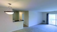 This single-floor space is designed with an open-concept layout that connects the living area to the kitchen, creating a cohesive and functional floor plan. The living area is finished with wall-to-wall carpeting in a neutral tone, providing a comfortable and understated foundation for the space. Smooth, light-colored walls and standard-height ceilings contribute to a clean, simple aesthetic throughout.

A half-wall partition with a dark countertop separates the kitchen from the living area, functioning as a breakfast bar and offering a practical pass-through point between the two spaces. The kitchen is partially visible beyond the partition and features overhead lighting, giving the area a well-lit, utilitarian character. A white door is visible in the background, likely leading to a storage closet or entryway, adding to the functional layout of the space.

A wall-mounted vent is positioned along the base of one wall in the living area, indicating a standard HVAC system. The overall design is straightforward and practical, emphasizing usability with neutral finishes that offer flexibility for a range of furnishing styles.