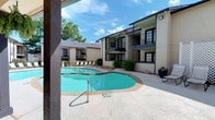 This residential community is centered around a generously sized outdoor pool area that serves as the focal point of the property. The pool features a freeform shape with clearly marked depth zones, a connected spa or wading area, and stone-accented coping that adds a classic, polished touch to the overall aesthetic. The surrounding pool deck is expansive, offering ample space for lounging, and is furnished with multiple chaise lounge chairs and shaded umbrella seating, making it well-suited for outdoor relaxation.

A covered pavilion area with a prominent brick chimney anchors one side of the pool deck, providing a shaded gathering space with additional seating and hanging greenery that adds a welcoming, lush atmosphere. The multi-story residential buildings surrounding the pool are constructed with a combination of beige stucco and wood siding, and feature private balconies with black metal railings that overlook the pool courtyard. Large windows and glass doors on the upper levels allow natural light into the units while maintaining visual connectivity to the outdoor amenity space.

The landscape is enhanced by mature trees that provide natural shade and privacy, along with ornamental plantings and flowering shrubs that add color and texture throughout the courtyard. The overall design creates an open, resort-like atmosphere that balances comfort, functionality, and curb appeal.