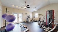 Located in Tampa, FL, this dedicated exercise room is a fully functional fitness space designed to support a comprehensive workout routine. The room features vaulted ceilings that lend an open, airy feel, complemented by two ceiling fans that promote air circulation during workouts. Track lighting along the ceiling provides bright, even illumination throughout the space.

The durable dark flooring is well-suited for gym use, offering both resilience and easy maintenance. Natural light filters in through multiple windows and a set of glass French doors, which also provide views of and access to an outdoor area, believed to be a pool. This connection to the outdoors enhances the overall ambiance of the room.

The space is outfitted with a diverse range of fitness equipment, including a treadmill, elliptical trainer, multi-station cable machine, a SportsArt-brand cable system, adjustable weight bench, a full dumbbell rack, and multiple stability balls on a dedicated stand. Storage doors along one wall offer organizational convenience.

The walls are finished in a neutral warm beige tone, creating a clean and motivating environment. Overall, this exercise room is thoughtfully designed to provide a private, fully equipped fitness experience within a comfortable and well-lit setting.