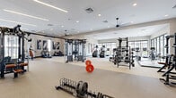 Located in Mesa, AZ, this expansive single-floor fitness center offers a comprehensive workout facility designed with both function and style in mind. The space is thoughtfully divided into distinct exercise zones, each outfitted for a specific type of training.

The main weight room is generously sized, featuring high ceilings with linear LED lighting and ceiling fans for airflow and comfort. The area is equipped with a full array of strength training equipment, including cable machines, free weight racks, barbells with plate storage, and multi-functional training rigs. Large framed artwork adorns the walls, adding an aesthetic lift to the athletic environment. Floor-to-ceiling mirrors line one wall, amplifying the sense of openness.

A dedicated studio room offers a change of pace with warm hardwood-style flooring, a bold geometric chevron accent wall in terracotta, gray, and white tones, and a wall-mounted display screen. This versatile space is suited for yoga, stretching, or group classes, and includes a dumbbell rack and branded exercise mats.

The cardio zone is bathed in natural light through expansive floor-to-ceiling windows and sliding glass doors that frame views of an outdoor pool and palm tree-lined courtyard. Treadmills, ellipticals, stationary bikes, rowers, and air bikes are arranged to take full advantage of the outdoor scenery. The overall design is clean, contemporary, and energizing.