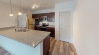 This single-floor unit in Edinburgh offers a well-designed layout that balances functionality and comfort. The open-concept living area is finished with durable wood-style plank flooring and features a ceiling fan with integrated lighting. A sliding glass door provides access to a balcony, allowing natural light to fill the space while offering outdoor views.

The kitchen is a standout feature, showcasing dark espresso cabinetry, stainless steel appliances including a refrigerator, range, and microwave, and a granite-topped peninsula that doubles as a breakfast bar. Track lighting overhead ensures the workspace is well-illuminated.

The bedroom is generously sized and finished with plush wall-to-wall carpeting. A ceiling fan adds comfort, and a window with blinds provides natural light. A closet with louvered doors offers practical storage, with an additional door leading to a secondary storage area.

The bathroom is efficiently appointed with wood-style flooring, a dark vanity topped with granite counters, a large mirror with vanity lighting, and a full-size soaking tub with shower. The neutral color palette throughout creates a clean, cohesive aesthetic across the entire unit.