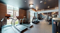 Located at 805 N Olive Ave in West Palm Beach, Florida, this contemporary fitness facility offers a generously sized, single-floor layout thoughtfully divided into distinct workout zones. The design is sophisticated, characterized by dark ceilings, warm wood-paneled accent walls, textured grey wall coverings, and durable speckled rubber flooring throughout the main exercise areas.

The primary cardio zone is lined with floor-to-ceiling windows that flood the space with natural light and provide views of the surrounding palm tree-dotted landscape. Rows of TRUE treadmills and elliptical machines are arranged to take full advantage of these outdoor sightlines. Adjacent to the cardio area, a well-stocked strength zone houses a comprehensive selection of HOIST selectorized machines and free weight equipment, offering a full range of resistance training options.

A dedicated studio room features light hardwood flooring, a decorative chandelier, and French doors opening to an outdoor area. This versatile room accommodates Pilates reformers, cycling bikes, a ballet barre, and a boxing bag, making it ideal for group or individual specialty training. Elegant arched mirror walls visually expand the studio space. The facility also includes private rooms and restroom access, completing this polished, full-service fitness environment.