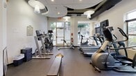 Located at 3020 University Ave SE in Minneapolis, Minnesota, this fitness center offers a well-appointed exercise space designed to support a full range of workout routines. The room features a drop ceiling with a mix of recessed lighting and distinctive pendant light fixtures, complemented by exposed ductwork that adds an industrial character to the overall aesthetic. Large windows along multiple walls allow abundant natural light to fill the space while providing views of the surrounding urban streetscape, creating an open and energizing atmosphere. The rubber-floored exercise room is equipped with a comprehensive selection of cardio machines, including treadmills, ellipticals, and stationary bikes, several of which feature integrated display screens. A multi-station cable machine anchors one section of the room for strength training, while a dedicated free weights area includes a tiered dumbbell rack, medicine ball storage, a weight bench, and kettlebells to support a variety of resistance exercises. Glass-paneled entry doors provide easy access and contribute to the room's bright, airy feel. The clean white walls and dark flooring create a sharp visual contrast, giving the space a modern, professional finish suited for focused fitness use.
