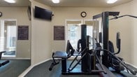 This fitness center is a thoughtfully organized exercise facility spread across a single floor, designed to accommodate a range of workout needs. The space is divided into interconnected areas, allowing for a natural flow between cardio and strength training zones.

The main exercise area features dark carpet flooring throughout, providing a comfortable and functional surface underfoot. A large wall-mounted mirror spans a significant portion of one wall, visually expanding the room and allowing users to monitor their form during workouts. Flush-mounted ceiling fixtures provide consistent, even lighting across the space.

Strength training is supported by a Vectra multi-station cable machine, complemented by a weight bench, making the area suitable for a variety of resistance exercises. Cardio equipment includes a treadmill, an elliptical trainer, and a recumbent stationary bike, offering multiple options for aerobic exercise. A wall-mounted flat-screen television is positioned for easy viewing during workouts.

Natural light enters through windows and a glass door that leads to an outdoor area, adding brightness to the space. A wall clock and a posted fitness center rules board complete the functional, community-oriented character of the facility.