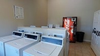 This single-floor laundry facility is designed with practicality and efficiency in mind. The space features a row of commercial-grade top-loading washing machines, each equipped with digital control panels, providing users with reliable and straightforward operation. Matching dryer units are positioned adjacent to the washers, creating an organized and efficient workflow for laundry tasks. The room's neutral-toned walls and light-colored tile flooring give the space a clean, functional aesthetic. A Coca-Cola vending machine is conveniently located near the entrance, offering refreshments while patrons wait. Additional utility features, such as posted instructions and informational signage, are mounted on the walls to assist users. The layout is open and uncluttered, allowing for comfortable movement throughout the space. Overhead lighting ensures the area is well-lit, maintaining a bright and tidy environment. Overall, this laundry facility is thoughtfully arranged to deliver a straightforward and convenient experience, with all essential amenities within easy reach.