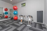 Located along State Route 401 in Atlanta, GA, this single-floor fitness studio offers a well-appointed and modern exercise environment designed to support a wide range of workout routines. The space is finished with a distinctive geometric-patterned carpet in neutral gray tones, lending a contemporary aesthetic throughout.

The main workout area is anchored by a large wall-mounted display screen that supports interactive fitness programming, making it ideal for guided workouts and virtual classes. Full-length mirrors line the walls, visually expanding the space and allowing users to monitor their form during exercise. The mirrors also reflect natural light from strategically placed windows, contributing to a bright and energizing atmosphere.

The studio is equipped with smart stationary cycling bikes featuring integrated digital screens, enabling connected fitness experiences. A dedicated storage rack holds an assortment of exercise balls in various sizes, catering to functional training and core work. Yoga and exercise mats are conveniently wall-mounted for easy access.

A glass-paneled interior door connects adjacent areas of the facility, reinforcing the open and transparent design ethos. The neutral wall tones, clean white baseboards, and thoughtful equipment layout create a clean, professional environment well-suited for individual or group fitness activities.