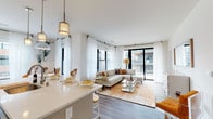This single-floor residence showcases a thoughtfully designed open-concept layout connecting the kitchen, dining, and living areas into one cohesive, light-filled space. Large black-framed windows and sliding glass doors flood the interior with natural light while offering views of the surrounding urban streetscape and access to a private balcony.

The kitchen is well-appointed with dark wood cabinetry, stainless steel appliances, white quartz countertops, a generously sized island with bar seating, and decorative pendant lighting. Adjacent to the kitchen, a dedicated dining nook features a round marble-top table, warm amber velvet seating, and a window framed by sheer curtains.

The living area centers around a neutral sectional sofa, glass coffee tables, and warm-toned area rugs, creating an inviting atmosphere. Two distinct bedrooms are present: one features a striking birch tree accent wall with natural branch décor and a ceiling fan, while the other is distinguished by floor-to-ceiling birch tree wallpaper paired with gold-accented nightstands. A walk-in closet with wire shelving provides ample storage. The bathroom includes a dark wood vanity, white quartz countertop, and a tub-shower combination. Wood-look plank flooring runs throughout the main living areas, complemented by plush carpet in the bedrooms.