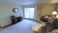 This single-floor residential space offers a functional and comfortable layout designed for everyday living. The living area serves as the heart of the space, featuring soft wall-to-wall carpeting that adds warmth underfoot. A large sliding glass door floods the room with natural light and is dressed with vertical blinds for adjustable privacy and light control. A baseboard heater runs beneath the sliding door, and a wall-mounted air conditioning unit ensures year-round climate comfort. The walls are finished in a neutral, warm beige tone, complemented by a textured ceiling that adds subtle character. The room is well-proportioned, providing ample space for seating and furnishings. A dark wood media console with decorative drawers sits against one wall, accented by a decorative oval mirror and greenery, adding a touch of style to the space. The overall ambiance is cozy and inviting, with a practical design that balances comfort and livability. Natural light from the sliding door creates a bright and welcoming atmosphere throughout the day.