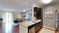 This 1-bedroom, 1-bathroom residence is thoughtfully designed with an open-concept layout that seamlessly connects the kitchen and living areas. The kitchen serves as a central hub, featuring rich dark cabinetry with sleek hardware, granite countertops, a stainless steel undermount sink, and a built-in dishwasher. A peninsula with pendant lighting overhead doubles as additional prep space and a casual dining spot, enhancing both functionality and style. The kitchen flows naturally into the living area, which is bathed in natural light from large windows dressed with elegant curtains. Warm hardwood-style flooring runs throughout the main areas, adding a cohesive and inviting feel. A soft blue accent wall in the living room creates a focal point that adds depth and character to the space. The neutral color palette of the walls, complemented by contemporary fixtures and recessed lighting, contributes to a bright and airy ambiance. Overall, this residence offers a modern and comfortable living environment with quality finishes and a well-planned layout ideal for everyday living.
