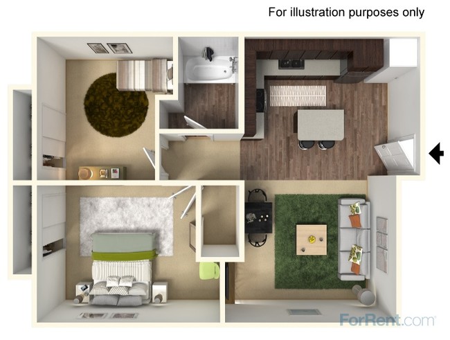 Plano de planta de dos habitaciones de diseño - Cocina con isla - The Landing