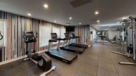 Located in Ashburn, Virginia, this well-appointed fitness center offers a comprehensive workout experience within a single-floor layout designed for functionality and comfort. The space is defined by a bold, multicolored vertical striped accent wall that adds a dynamic, energetic character to the environment, contrasting with the neutral gray walls and dark rubber flooring found throughout.

The cardio zone features a row of Life Fitness treadmills and an elliptical trainer, each equipped with individual monitors and positioned to face wall-mounted flat-screen televisions. Natural light filters in through multiple windows fitted with blinds, creating a bright and motivating atmosphere. Floor-to-ceiling mirrors in the strength training area visually expand the space while allowing users to monitor their form during workouts.

The free weights section includes an extensive rack of dumbbells alongside benches and a cable machine, catering to a full range of strength training needs. A separate area houses stability balls, resistance accessories, and additional functional training equipment neatly organized on dedicated racks. A dual water fountain station provides convenient hydration access, and an adjacent room — visible through sleek black-framed glass partition doors — adds further versatility to the facility. Recessed lighting throughout ensures consistent, even illumination across all workout zones.