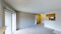 This single-floor space presents an open-concept living area that flows seamlessly toward a connected kitchen zone. The main living area is finished with wall-to-wall carpeting in a neutral tone, providing a soft underfoot feel throughout the space. A textured popcorn ceiling adds dimension overhead, while clean white baseboards frame the room with a simple, finished look.

A sliding glass door along one wall fills the living area with natural light, brightening the otherwise neutral interior. The walls are painted in a two-tone scheme — cool grey tones in the main living space transition to warmer yellow hues near the kitchen area, creating a subtle visual distinction between the zones.

A raised kitchen counter is partially visible, suggesting a bar-style pass-through or peninsula that connects the kitchen to the living area. This design supports an open layout that encourages interaction between the two spaces. A doorway off the main living area leads to an additional room, hinting at further functional spaces within the unit.

Overall, the space offers a clean, neutral palette and practical layout suited for everyday living.