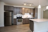 This well-designed single-floor residence offers a thoughtful layout that balances open communal spaces with comfortable private quarters. The heart of the home is an open-concept kitchen and living area, where light wood-toned flooring flows seamlessly underfoot. The kitchen is outfitted with gray shaker-style cabinetry, a classic white subway tile backsplash, stainless steel appliances including a refrigerator and range, and a granite-topped island with pendant lighting overhead. A dedicated pantry with built-in shelving adds generous storage. Track lighting provides functional illumination throughout the kitchen. The adjoining living area is bright and airy, featuring large windows that invite abundant natural light and views of surrounding greenery, complemented by a ceiling fan. The bedroom continues the warm, neutral palette with plush carpeting, a ceiling fan with light fixture, and a large window fitted with blinds. Storage is well addressed with a spacious walk-in closet equipped with wire shelving and hanging rods. Two bathrooms serve the residence, each featuring granite-topped dark vanities and tile flooring. The primary bathroom offers a wide vanity with a backlit mirror and direct access to the walk-in closet, while the secondary bathroom includes a tub-shower combination. Dark-stained interior doors throughout provide a refined contrast to the light walls and flooring.