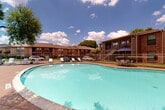 Located at 90 Uvalde Rd in Houston, Texas, this outdoor amenity space centers around a generously sized freeform swimming pool with clear turquoise water, offering a welcoming retreat for residents. The pool area is thoughtfully designed with a wide brick-paved deck that provides ample room for lounging, complete with multiple sunbathing chairs and shaded seating areas equipped with patio umbrellas. The space is enclosed by a metal perimeter fence, ensuring privacy and security throughout. Mature trees and flowering shrubs — including vibrant crepe myrtles — are strategically positioned around the perimeter, lending natural shade and seasonal color to the environment. The surrounding residential buildings are constructed of warm brown brick with sloped rooflines and feature exterior stairways and balconies, contributing to a cohesive and established architectural character. Entry steps with metal handrails provide easy pool access, while signage and safety equipment are visibly posted along the fence line. The overall ambiance of the space is open and bright, benefiting from abundant Texas sunshine and expansive sky views, making it an ideal outdoor gathering and relaxation destination within the community.