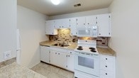 This single-floor, one-bedroom, one-bathroom unit offers a practical and comfortable layout designed for efficient living. The entryway greets residents with light-toned tile flooring and clean white walls, providing access to the main living areas and a closet for added storage. The kitchen is well-equipped, featuring white cabinetry with ample storage, granite-style countertops, a tile backsplash with a warm, earthy pattern, and a full suite of white appliances including an electric range, built-in microwave, dishwasher, and a double-basin sink. The living area is generously sized, carpeted for comfort, and benefits from a window that allows natural light to fill the space. A dedicated bedroom also features plush carpeting, a window with views of the surrounding greenery, and textured ceilings that add subtle character. The bathroom is clean and functional, finished with the same light tile flooring found throughout, and includes a full-size tub and shower combination with a grab bar, a toilet, and a vanity with a granite-style countertop. Throughout the unit, neutral tones and consistent finishes create a cohesive and move-in-ready environment.