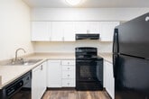 This single-floor residence offers a practical and well-organized layout designed for comfortable everyday living. The kitchen is efficiently appointed with crisp white shaker-style cabinetry featuring brushed nickel hardware, light-toned countertops, and a full suite of black appliances, including an electric range with overhead ventilation hood and a full-size refrigerator. Wood-look flooring runs throughout the kitchen, adding a warm contrast to the clean white cabinetry. A pass-through counter connects the kitchen to the main living area, enhancing the open feel between the two spaces. The living area is generously proportioned, finished with plush wall-to-wall carpeting, and anchored by a sliding glass door that fills the room with natural light and provides direct access to an outdoor area with greenery views. Flush-mount ceiling lighting is found throughout the unit, providing consistent illumination. The bedroom is a quiet, carpeted retreat with a window that frames outdoor tree views and includes baseboard heating. The bathroom features a full tub and shower combination, a single-basin vanity with white cabinetry, a light countertop, and wood-look flooring, all finished with brushed nickel fixtures. Overall, the space presents a clean, neutral palette throughout.