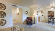 This single-floor space presents a well-organized, open layout that connects the living area to adjacent rooms with ease. The living room is carpeted and features neutral, warm-toned walls that create a bright and welcoming atmosphere. A decorative sunburst mirror serves as a focal point on the main wall, complemented by a classic armchair with an ottoman and a coordinating floor lamp, adding character to the space. A glass-topped coffee table anchors the seating area, enhancing the open feel of the room.

A wide, open doorway leads down a hallway lined with light hardwood-style flooring, providing a visual contrast to the carpeted living space and offering a sense of depth and connectivity throughout the unit. To the right, a partial wall partially encloses what appears to be a kitchen area, featuring a raised counter that provides a natural division while maintaining an open connection to the living space. Overhead ventilation registers are neatly integrated into the ceiling, contributing to the clean and functional design. Overall, the space balances practicality with a warm, lived-in aesthetic.
