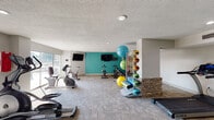 This single-floor fitness center at 3201 Leith Ln in Louisville, Kentucky, is a thoughtfully designed workout facility that caters to a wide range of exercise preferences. The space is finished with durable carpet tile flooring and textured ceilings with recessed lighting throughout, creating a clean and functional environment.

The cardio zone is well-stocked, featuring treadmills, elliptical machines, a rowing machine, and both upright and recumbent stationary bikes. A dedicated cycling area accommodates multiple spin bikes, each positioned in front of wall-mounted flat-screen televisions for an engaging workout experience. A vibrant teal accent wall adds a lively, energetic atmosphere to this section of the room.

A functional training area includes a well-organized rack of medicine balls in various sizes, stability and exercise balls, resistance bands, and a step platform, providing versatile options for strength and conditioning workouts. A decorative stacked stone partition adds an architectural element that subtly divides areas within the space.

Large floor-to-ceiling windows along one wall flood the fitness center with natural light and offer views of the outdoor surroundings, while a beverage refrigerator and built-in cabinetry provide added convenience. The overall layout is open and spacious, allowing for comfortable movement between equipment throughout the facility.