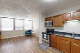 Located at 2200 W Cornwallis Dr in Greensboro, NC, this one-bedroom, one-bathroom unit offers a practical and comfortable single-floor layout. The open-concept kitchen and living area form the heart of the home, finished with durable hardwood-style flooring throughout. The kitchen is well-equipped with warm honey-toned cabinetry, dark granite-style countertops, and a full suite of stainless steel appliances, including an electric range, over-the-range microwave, dishwasher, and refrigerator. A built-in shelving unit serves as a stylish divider between the kitchen and living area, adding both character and functional storage. The living room receives generous natural light through a wide bank of windows fitted with horizontal blinds. The spacious primary bedroom features plush wall-to-wall carpeting, a ceiling fan with light fixture, and additional windows for natural light. A dedicated closet provides ample storage. The bathroom is neatly appointed with a wood-toned vanity, overhead lighting, a mirrored medicine cabinet, and a shower/tub combination. Textured ceilings are present throughout, adding a classic residential feel to this efficiently designed Greensboro home.