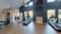 This single-story fitness center is thoughtfully designed to accommodate a comprehensive workout experience. The space is defined by its striking vaulted ceilings, which soar dramatically upward and are accented by a bold navy blue accent wall that adds a sense of energy and focus to the environment. Ceiling fans and recessed lighting ensure consistent airflow and illumination throughout.

The flooring throughout is a warm hardwood-style laminate that lends a clean, polished aesthetic while remaining durable underfoot. Large windows on multiple walls invite abundant natural light and provide views of the surrounding greenery, creating an open and refreshing atmosphere.

The facility is divided into distinct functional zones. The cardio area features treadmills, elliptical trainers, and stationary cycling bikes, complemented by a wall-mounted flat-screen television for entertainment during workouts. The strength training section is equipped with a multi-function cable machine, weight bench, and additional resistance equipment. A separate area provides space for stretching or mat-based exercises, with a punching bag mounted to the wall.

Overall, the fitness center combines practical functionality with an inviting, modern ambiance well-suited for a full range of exercise routines.