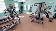 This fitness center offers a thoughtfully arranged workout space designed to accommodate a full range of exercise routines. The room is defined by its distinctive teal-painted walls and neutral-toned carpeted flooring, creating an energizing yet comfortable atmosphere. A drop-panel ceiling with recessed lighting panels and ceiling fans ensures bright, even illumination throughout, while multiple windows allow natural light to fill the space.

The facility is well-stocked with a diverse selection of equipment. Cardio options include treadmills, elliptical trainers, and an upright stationary bike, strategically positioned to take advantage of natural light from the windows. A multi-station cable weight machine serves as a centerpiece for strength training, complemented by a dedicated free-weight area featuring a tiered dumbbell rack with a full range of weights and a flat workout bench. Interlocking foam floor mats provide a designated stretching and floor exercise zone.

Large wall-mounted mirrors span one side of the room, visually expanding the space and allowing users to monitor their form during workouts. Motivational posters and decorative potted plants add character to the environment. A wall-mounted television provides entertainment during workouts, and a small utility shelf offers convenient storage for accessories.