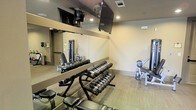 This fitness room is designed to deliver a fully functional workout environment within a single-level layout. The space is outfitted with a tiered dumbbell rack holding a wide range of free weights, providing options for both light and heavy resistance training. A cable weight machine is positioned along the mirrored wall, expanding the variety of exercises available to users. Additional strength equipment, including a weight bench and plate-loaded machine, can be seen toward the far end of the room, making efficient use of the available floor space.

The mirrored wall along one side visually expands the room while allowing users to monitor their form during workouts. Wall-mounted flat-screen televisions are installed near the ceiling, offering entertainment during exercise sessions. Recessed lighting keeps the space well-lit throughout. The neutral-toned walls and carpeted flooring contribute to a clean, low-distraction environment suited for focused training. Ventilation is provided via ceiling vents, supporting comfort during intensive workouts. Overall, the fitness room is thoughtfully arranged to balance equipment variety with ease of movement.
