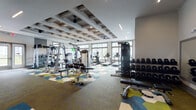 This contemporary fitness center is thoughtfully designed to support a full range of workout routines across multiple distinct zones. The main floor is unified by a striking geometric-patterned carpet in shades of teal, green, gold, and white, adding a bold visual energy to the space. A distinctive coffered ceiling with recessed lighting and ceiling fans lends architectural character while maintaining an open, airy atmosphere.

The strength training area is comprehensively outfitted with a multi-station cable machine, a weight bench, a rack of dumbbells spanning a wide range of sizes, and additional selectorized resistance machines. A dedicated functional training zone includes a power rack, kettlebells, resistance bands, and battle ropes, supported by wall-mounted mirrors for form monitoring and a mounted flat-screen television.

Along the windowed perimeter, a cardio zone features upright bikes, recumbent bikes, elliptical trainers, and treadmills, all positioned to take advantage of large floor-to-ceiling windows offering views of the surrounding outdoor amenity area. Natural light floods this section of the space throughout the day.

A separate studio room, accessible through sliding glass barn doors, provides a dedicated space for cycling classes or group fitness, with hardwood-style flooring and mirrored walls. The overall ambiance is modern, energetic, and well-lit, creating an inviting environment for fitness of all kinds.