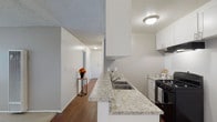 This single-floor residence offers a functional and comfortable layout with a clean, neutral aesthetic throughout. The open-concept kitchen is a standout feature, equipped with white cabinetry, granite-style countertops, a double stainless steel sink, a black gas range with overhead ventilation, and a dishwasher. Hardwood-style flooring runs through the kitchen and connects seamlessly to the living area, which transitions into soft, plush carpeting. The living room is generously proportioned, featuring a textured ceiling, neutral-toned walls, and a wall-unit air conditioner beneath a large window that invites natural light and outdoor views. Additional carpeted rooms serve as comfortable bedrooms, each benefiting from natural light through sizable windows with views of surrounding greenery. The bathroom is thoughtfully appointed with granite-style countertops, a large wall-to-wall mirror, a wide vanity sink with brushed nickel fixtures, and a full shower-tub combination. A hallway connects the rooms efficiently, with built-in storage adding practical utility. The overall ambiance is bright, clean, and move-in ready, with consistent finishes across all spaces that create a cohesive and inviting atmosphere.