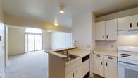 This single-floor residence is designed with an open, functional layout that seamlessly connects the kitchen and living areas. The kitchen is equipped with white cabinetry featuring warm wood-toned hardware, light countertops, and a peninsula that incorporates a stainless steel sink and dishwasher. The peninsula serves as a natural divider between the kitchen and the adjoining living space, creating an open feel while maintaining a sense of definition between areas. Flush-mounted ceiling lights illuminate the kitchen, while the living area benefits from generous natural light streaming through a large sliding glass door framed by an arched window above. The living area is finished with neutral carpeting that complements the overall light color palette throughout.

One of the most notable features of this residence is the balcony, which offers a sweeping panoramic view of a tranquil community pond surrounded by manicured green lawns and mature trees. Residential buildings frame the backdrop on either side, creating a well-maintained neighborhood setting. The combination of bright interiors and picturesque outdoor views gives this space a calm and inviting ambiance.