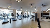 This fitness center offers a thoughtfully designed workout environment that balances functionality with an inviting aesthetic. The space is laid out on a single level, providing an open and unobstructed floor plan that accommodates a comprehensive range of exercise equipment. Rows of treadmills and elliptical machines are positioned along the perimeter, each unit equipped with individual screens for entertainment during cardio sessions. Strength training machines are organized toward the rear of the space, offering users a variety of resistance and weight options.

Large floor-to-ceiling windows line one wall, flooding the interior with generous natural light and offering views of the surrounding streetscape, creating an energizing atmosphere. The warm-toned hardwood-style flooring adds a clean, polished look underfoot while providing durability suited to high-traffic use. Overhead, a series of classic dome-shaped pendant lights are evenly distributed across the ceiling, complementing the bright, airy feel of the room. Ceiling fans are also integrated into the layout, promoting air circulation throughout the space. Full-length mirrors along one wall enhance the sense of openness and allow users to monitor their form during workouts.