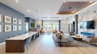 Located at 4202 Forge Cir in Lawrence Township, NJ, this generously sized single-floor amenity space offers a thoughtfully designed layout with a diverse range of gathering and activity areas. The main living lounge impresses with a coffered tray ceiling accented by warm wood detailing, a dramatic floor-to-ceiling stone fireplace wall with a mounted TV, and light hardwood flooring that flows throughout. Geometric pendant lighting adds a contemporary touch, while expansive floor-to-ceiling windows flood the space with natural light and provide sweeping views of the outdoor courtyard and landscaped surroundings. A combined kitchen and dining area features a large central island with bar seating, sleek white cabinetry, stainless steel appliances, geometric tile flooring, and bold cube-shaped pendant fixtures overhead. Additional living rooms provide flexible lounge and dining configurations, including a space anchored by a slate-blue accent wall with curated artwork and a long communal table. A dedicated media lounge offers a built-in entertainment center with rich wood paneling and patterned carpeting. A private meeting room with tall ceilings and a built-in conference table serves as a focused workspace. The exercise room is outfitted with cycling equipment, suspension training systems, and mirrored walls. Together, these spaces create a vibrant, modern community environment.