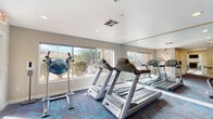 This fitness center is a comprehensively outfitted exercise facility designed to support a wide range of workout routines. The space is laid out on a single floor and features a vibrant, patterned carpet in deep burgundy and teal tones that adds a distinctive visual character to the room.

The cardio zone is prominently equipped with multiple Matrix-brand treadmills and stair climbers, all oriented to face large windows that offer natural light and views of the surrounding outdoor area, including a pool and landscaped grounds. Full-length mirrors line the walls, visually expanding the space and allowing users to monitor their form during exercise.

A centerpiece multi-functional cable training rig occupies a dedicated area, offering a wide variety of resistance-based exercises. The facility also includes adjustable weight benches, a stability ball station, a rowing machine, and a hand sanitizer station at the entrance, reflecting a commitment to cleanliness and user convenience.

A wall-mounted flat-screen television is positioned above a bench area, providing entertainment during workouts. Recessed lighting throughout ensures the space is well-lit at all times. A glass-panel door provides direct access to the outdoor area. The overall ambiance is clean, modern, and functional, creating an inviting environment for fitness enthusiasts.