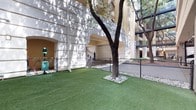 This outdoor pet area is thoughtfully integrated into the ground level of a multi-story building complex, offering a dedicated space for pets within an urban environment. The area is surfaced with lush artificial turf, providing a clean and low-maintenance green space that remains visually inviting year-round. Mature trees are strategically preserved within the space, their bases surrounded by decorative rock borders, offering natural shade and a pleasant aesthetic contrast to the surrounding architecture.

The space is fully enclosed by chain-link fencing, ensuring a secure environment. Pet waste stations are conveniently positioned within the area, underscoring the functional design of the space. A brick-lined pathway runs through the turf, adding a structured visual element and practical walkability.

The surrounding architecture features a light-colored, multi-story façade with arched detailing and textured paneling, lending the space an upscale character. An elevated walkway or bridge spans overhead, connecting portions of the building complex above and contributing to the sense of an enclosed courtyard. Adjacent covered parking is visible, reinforcing the urban, mixed-use nature of the development. Natural light filters through the surrounding trees, creating dappled shadows across the turf throughout the day.