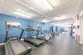 Located at 50 Glen Rd in Hamilton, Ontario, this fitness facility offers a comprehensive workout environment across a single, open-plan floor. The space is designed to accommodate a wide range of exercise needs, with distinct zones for cardio, strength training, and functional fitness. Cardio equipment includes treadmills and elliptical machines, while the strength training area features a cable machine, adjustable benches, a full rack of dumbbells, kettlebells, and medicine balls in various weights. Stability and exercise balls are neatly organized along the teal-accented feature wall, adding a pop of color to the otherwise neutral grey and white interior. A large wall-mounted mirror expands the visual depth of the space and supports proper form during exercise. Rubber flooring throughout provides durability and safety underfoot. Overhead, exposed piping and fluorescent lighting give the space a functional, utilitarian aesthetic. Natural light filters in through windows at the far end, brightening the workout area. A wall-mounted television is available for entertainment during workouts. The layout ensures ample open floor space for movement and stretching, making this a practical and well-appointed fitness facility.