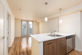 This single-floor unit showcases a clean, contemporary design with warm hardwood-style flooring running throughout. The open-concept layout seamlessly connects the kitchen and living area, creating a cohesive and functional living space. The kitchen is well-appointed with rich walnut-toned cabinetry, white quartz countertops, and a full suite of stainless steel appliances, including an electric range, over-the-range microwave, refrigerator, and dishwasher. A peninsula island with a built-in sink and pendant lighting above serves as both a practical workspace and a natural divider between the kitchen and living area. The living space is bright and airy, benefiting from large floor-to-ceiling windows and a glass patio door that invite abundant natural light and offer outdoor views. The bathroom continues the unit's consistent design aesthetic, featuring the same warm wood cabinetry, white countertops, a wide vanity with a large mirror, and bright overhead lighting. Throughout the unit, the neutral white walls and light-toned flooring create a bright, modern ambiance that offers a versatile backdrop for a variety of interior styles.