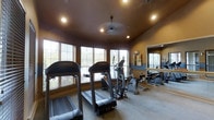 This dedicated fitness space is designed to support a comprehensive workout experience within a single-floor layout. The room is outfitted with premium Landice treadmills, an elliptical trainer, a stationary bike, and additional cardio equipment, providing a well-rounded selection of exercise options. A large wall-mounted mirror runs along one side of the room, visually expanding the space and allowing users to monitor their form during workouts. Natural light streams in generously through multiple windows fitted with horizontal blinds, creating a bright and energizing atmosphere while offering views of the surrounding greenery. The warm-toned walls and neutral carpet flooring contribute to a focused yet comfortable environment. Recessed lighting and a ceiling fan with built-in light fixture ensure the space remains well-lit and well-ventilated regardless of the time of day. The vaulted ceiling adds a sense of openness and airiness to the room. Overall, this fitness space combines thoughtful design with practical amenities to deliver a fully functional, private workout facility.