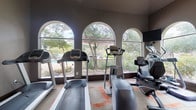 This fitness center offers a thoughtfully designed space for a comprehensive workout experience. The facility's most distinctive architectural feature is its row of tall, arched windows that line the main exercise area, flooding the room with natural light and providing views of lush outdoor greenery and a nearby pool area. The soaring ceiling height in this section enhances the open, airy atmosphere.

The cardio zone is well-stocked with multiple treadmills, elliptical trainers, and a stair climber, all positioned to take advantage of the scenic outdoor views. The strength training area is equally well-appointed, featuring a multi-station cable machine, a weight bench, and an extensive dumbbell rack with a full range of free weights. Framed artwork adorns the darker accent walls near the free weight section, adding a polished aesthetic touch.

A secondary area with a darker ceiling and recessed lighting provides additional open floor space, ideal for stretching or floor exercises, and includes a wall-mounted television. This section also contains private rooms accessible through frosted-glass doors, along with posted workout guides and facility information. Throughout the space, a neutral carpet with bold orange geometric accents ties the design together cohesively.