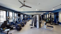The Quincy Athletic Center is a thoughtfully designed fitness facility that combines functionality with a polished aesthetic. The single-floor space features bold navy blue accent walls contrasted against a crisp white ceiling, creating a dynamic and energizing atmosphere. Recessed lighting throughout the space ensures consistent, even illumination, while a ceiling fan aids in air circulation during workouts.

The cardio zone is prominently featured along one side of the center, housing a row of elliptical machines and treadmills equipped with individual screens, allowing members to stay entertained while training. A central cable machine and multi-function strength training tower provide versatile resistance workout options, while a free weights area along the far wall offers a dedicated space for strength training, complete with a full-length mirror for form monitoring.

Wall-mounted televisions add to the modern amenities, making the space both practical and engaging. Windows along the walls invite natural light into the interior. The light-toned flooring contrasts cleanly with the darker equipment and wall colors, contributing to the overall sleek, contemporary feel of the athletic center.