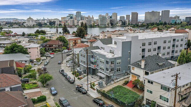 Aerial view of building with Lake Merritt - 317 Lester Ave