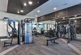Located at 1879–1881 Riverside Pkwy in Douglasville, Georgia, this well-equipped fitness center offers a thoughtfully designed single-floor layout that caters to a wide range of workout needs. The space is defined by its distinctive architectural character, showcasing dark exposed beam-style cross-bracing along the upper walls, warm Edison-style sconce lighting, and a combination of carpet and hardwood-style flooring that divides functional workout zones.

The cardio area features multiple treadmills, an Aviron rowing machine, and a stationary bike, all positioned near a bank of tall windows that allow ample natural light to fill the space. A wall-mounted flat-screen TV enhances the cardio experience. Adjacent to this zone, the strength training area is impressively outfitted with a full rack of dumbbells, a weight bench, cable machines, a functional trainer by TAG, TRX suspension straps, and a cable crossover system.

Large wall mirrors extend the visual depth of the strength section, amplifying the open, airy feel of the room. Recessed lighting and vaulted ceiling details overhead contribute to the spacious ambiance. The fitness center is well-maintained and clearly appointed with posted facility rules, reflecting a professional and welcoming environment for all fitness levels.