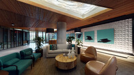 Located at 102 NE 2nd Ave in Portland's dynamic inner eastside, this single-floor commercial lobby is a carefully designed welcome space that blends natural materials with contemporary artistry. The defining architectural feature is a slatted wood ceiling that spans the entire space, creating warmth and visual depth, while a sculptural skylight with a textured, organic surface draws the eye upward and floods the area with diffused natural light.

The lobby is anchored by a sleek reception desk with integrated moss panel accents and warm wood detailing, reinforcing a biophilic design philosophy. Lush potted plants are thoughtfully positioned throughout, adding a layer of vitality to the interior.

A curated lounge area features a neutral sofa with teal accent pillows, rounded cognac leather chairs, and a live-edge wood coffee table — offering a welcoming space for guests and visitors. A bold series of teal and black bird silhouette artworks adorns the feature wall, providing a striking focal point.

Polished concrete flooring transitions seamlessly between zones, while vertical wood-paneled walls display additional framed artwork. A glass-walled conference or meeting room is accessible from the main floor, offering transparency without sacrificing separation. The overall ambiance is refined yet approachable, reflecting Portland's commitment to thoughtful, design-forward architecture.