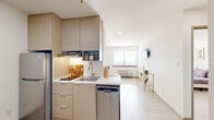 This well-appointed single-floor unit presents a thoughtfully designed open-concept layout that seamlessly connects the kitchen and living areas. The kitchen is outfitted with flat-front light wood cabinetry extending to the ceiling, stainless steel appliances including a refrigerator and dishwasher, a single-basin sink, and a distinctive geometric gold tile backsplash accented by classic white subway tile. Light wood-look flooring runs throughout, lending warmth and visual continuity across the space.

The living area is bathed in natural light from a large window with horizontal blinds, creating a bright and airy atmosphere. A wall-mounted TV, built-in HVAC unit, and gold-accented furnishing details contribute to the room's modern, functional character.

The bedroom is a serene retreat, featuring generous natural light from a wide window, light wood flooring, and an open closet providing convenient storage. Neutral walls offer a calm backdrop throughout.

The bathroom is clean and straightforward, featuring a full tub-shower combination with a grab bar, a toilet, and tiled flooring. Overall, the unit maintains a cohesive, contemporary aesthetic characterized by light tones, modern finishes, and efficient use of space.