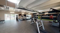 This single-floor fitness center is designed to support a full range of workout routines in a practical, open layout. The main cardio area features a row of treadmills and elliptical machines, each positioned beneath wall-mounted flat-screen TVs for an engaging workout experience. Large sliding glass doors along one side of the facility flood the space with natural light and provide direct access to the outdoor walkway, creating an open and airy atmosphere.

The strength and functional training zone occupies a dedicated section of the facility, equipped with cable machines, a lat pulldown station, and a variety of free-motion resistance equipment. The floor transitions from durable rubber flooring in the main workout area to a vibrant green turf surface in the training zone, clearly delineating the space for functional fitness activities.

The training zone wall serves as a bold focal point, featuring a striking teal and white striped design, wall-mounted TVs, and a well-stocked rack of medicine balls, resistance bands, and stability balls. A heavy tire is also present for functional strength training. Exposed structural beams and industrial HVAC ductwork run along the ceiling, lending the space a utilitarian, no-frills character. Bright fluorescent lighting ensures the entire facility is well-illuminated throughout.