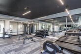 Located at 1000 Everly Way in Gainesville, Georgia, this single-floor fitness center offers a well-appointed and thoughtfully designed workout facility. The space features a striking dark ceiling with sleek linear LED lighting that creates a modern, energetic ambiance throughout. Floor-to-ceiling mirrors line multiple walls, visually expanding the space and allowing users to monitor their form during exercise.

The facility is divided into distinct functional zones. The cardio area is equipped with a row of treadmills, elliptical machines, stationary bikes, and a rowing machine, all positioned near large windows that bring in natural light and offer views of the surrounding outdoors. A wall-mounted flat-screen TV adds to the workout experience.

The strength training area features a full dumbbell rack with a wide range of weights, adjustable benches, and a cable machine system, providing options for a thorough free-weight workout. A dedicated multi-use machine zone offers additional resistance training options for both upper and lower body.

A glass-walled studio room with black-framed partitions and a separate entrance provides a private space suitable for stretching, group classes, or personal training sessions. The textured carpet flooring throughout adds comfort underfoot while complementing the overall contemporary aesthetic of the facility.