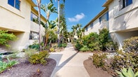 San Vicente Apartment Homes is a thoughtfully landscaped residential community defined by its striking outdoor environment and California-inspired architectural character. The buildings feature a classic stucco exterior in warm neutral tones, complemented by an exceptionally verdant central corridor that serves as the community's visual and functional spine.

A wide, smooth concrete walkway runs the length of the property, flanked on both sides by richly planted garden beds. Towering palm trees, banana plants, Norfolk Island pines, and agave create a layered, tropical canopy overhead, offering both shade and privacy throughout the common areas. Ornamental pathway lighting is positioned along the central walk, enhancing the ambiance during evening hours.

Individual unit entrances are accessible directly from this central pathway, each framed by dense, mature shrubs and ground-level plantings that provide a sense of seclusion and curb appeal. The exterior windows are generously sized, suggesting strong natural light within each residence.

The property's street-facing façade maintains the same warm stucco aesthetic, with established trees and manicured plantings extending to the sidewalk. The overall landscaping reflects a mature, well-maintained environment with a distinctly Southern California character — lush, sun-drenched, and inviting throughout.