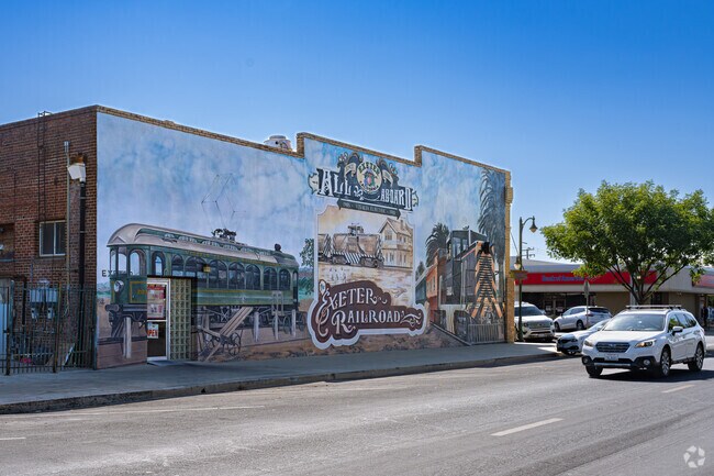 A large mural in downtown Exeter depicts the railroad history of the area.