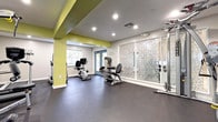 This fitness center is a thoughtfully designed workout facility that offers a comprehensive range of exercise equipment within a clean, modern space. The interior is defined by striking lime-green accent beams and columns that contrast boldly against neutral gray walls and ceilings, creating an energetic atmosphere suited for physical activity. Recessed lighting throughout ensures the space is well-illuminated, while multiple windows and glass double-door entry points invite natural light and provide views of outdoor greenery, including palm trees visible from the exterior.

The rubber-tiled flooring spans the full area, providing a durable, cushioned surface appropriate for both cardio and strength training activities. Equipment is well-distributed across the floor plan and includes treadmills, upright and recumbent stationary bikes, multi-station cable machines, a leg press, and a rack of dumbbells. A distinctive decorative mosaic-tiled glass partition adds a design element that separates sections of the space while maintaining an open feel.

Motivational wall decals and a posted fitness rules board contribute to the facility's community-oriented character. The layout allows for comfortable movement between stations, and the combination of natural light, vibrant color accents, and varied equipment makes this fitness center a functional and visually engaging space for users of all fitness levels.