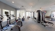 This single-level fitness center is thoughtfully designed to accommodate a wide range of workout needs. The space is divided into distinct functional zones, each outfitted with professional-grade equipment. The cardio area features a generous row of treadmills, elliptical trainers, stationary bikes, and a rowing machine, all positioned along a wall of large windows that flood the room with natural light and offer views of the surrounding greenery. Track lighting runs along the ceiling, supplementing recessed lights to ensure the space is well-lit throughout.

The strength training section includes a cable and pulley machine system, a Smith machine with an adjustable bench, and a dedicated free weights area stocked with dumbbells and barbells. Rubber floor mats protect the carpet in the lifting zones, adding both safety and functionality. Full-length mirrors line several walls, enhancing the sense of openness while allowing users to monitor their form during exercises.

A separate nook houses additional strength equipment and features bright white walls contrasted by a bold navy accent wall near the entrance. A water cooler and towel station are conveniently positioned nearby. The overall ambiance is clean, bright, and practical, creating an inviting environment for fitness enthusiasts.