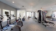 This single-level fitness center is thoughtfully designed to accommodate a wide range of workout needs. The space is divided into distinct functional zones, each outfitted with professional-grade equipment. The cardio area features a generous row of treadmills, elliptical trainers, stationary bikes, and a rowing machine, all positioned along a wall of large windows that flood the room with natural light and offer views of the surrounding greenery. Track lighting runs along the ceiling, supplementing recessed lights to ensure the space is well-lit throughout.

The strength training section includes a cable and pulley machine system, a Smith machine with an adjustable bench, and a dedicated free weights area stocked with dumbbells and barbells. Rubber floor mats protect the carpet in the lifting zones, adding both safety and functionality. Full-length mirrors line several walls, enhancing the sense of openness while allowing users to monitor their form during exercises.

A separate nook houses additional strength equipment and features bright white walls contrasted by a bold navy accent wall near the entrance. A water cooler and towel station are conveniently positioned nearby. The overall ambiance is clean, bright, and practical, creating an inviting environment for fitness enthusiasts.